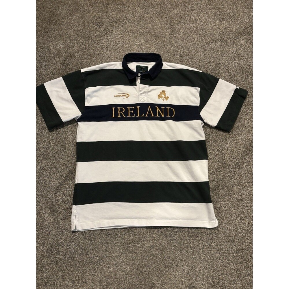 Vintage Landsdowne Collection Rugby Polo XL Ireland Green Striped Embroidered